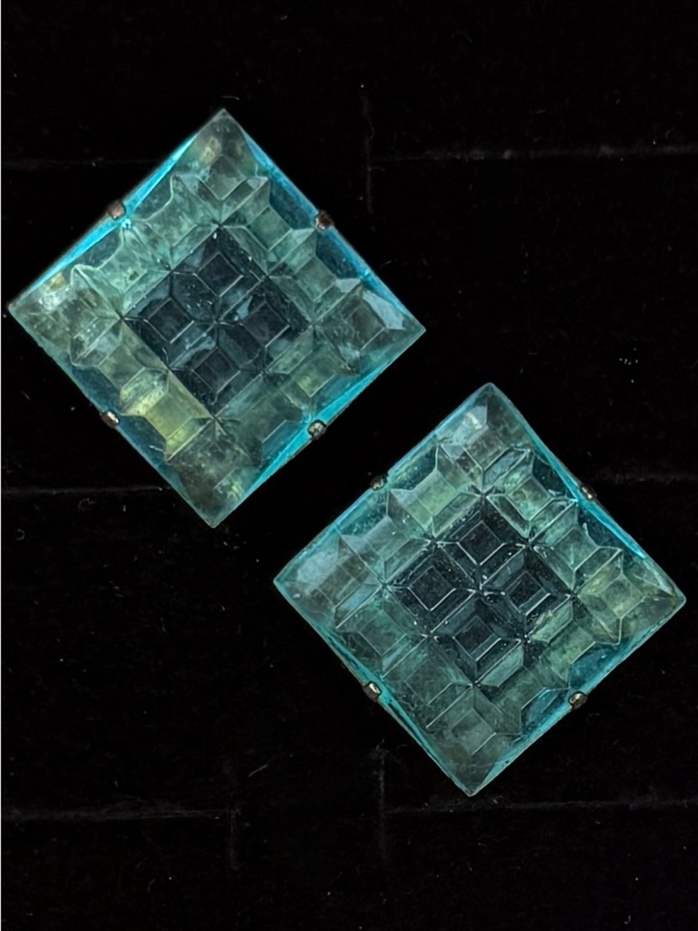 Vintage Aqua Teal Translucent Geometric Square Pierced Earrings